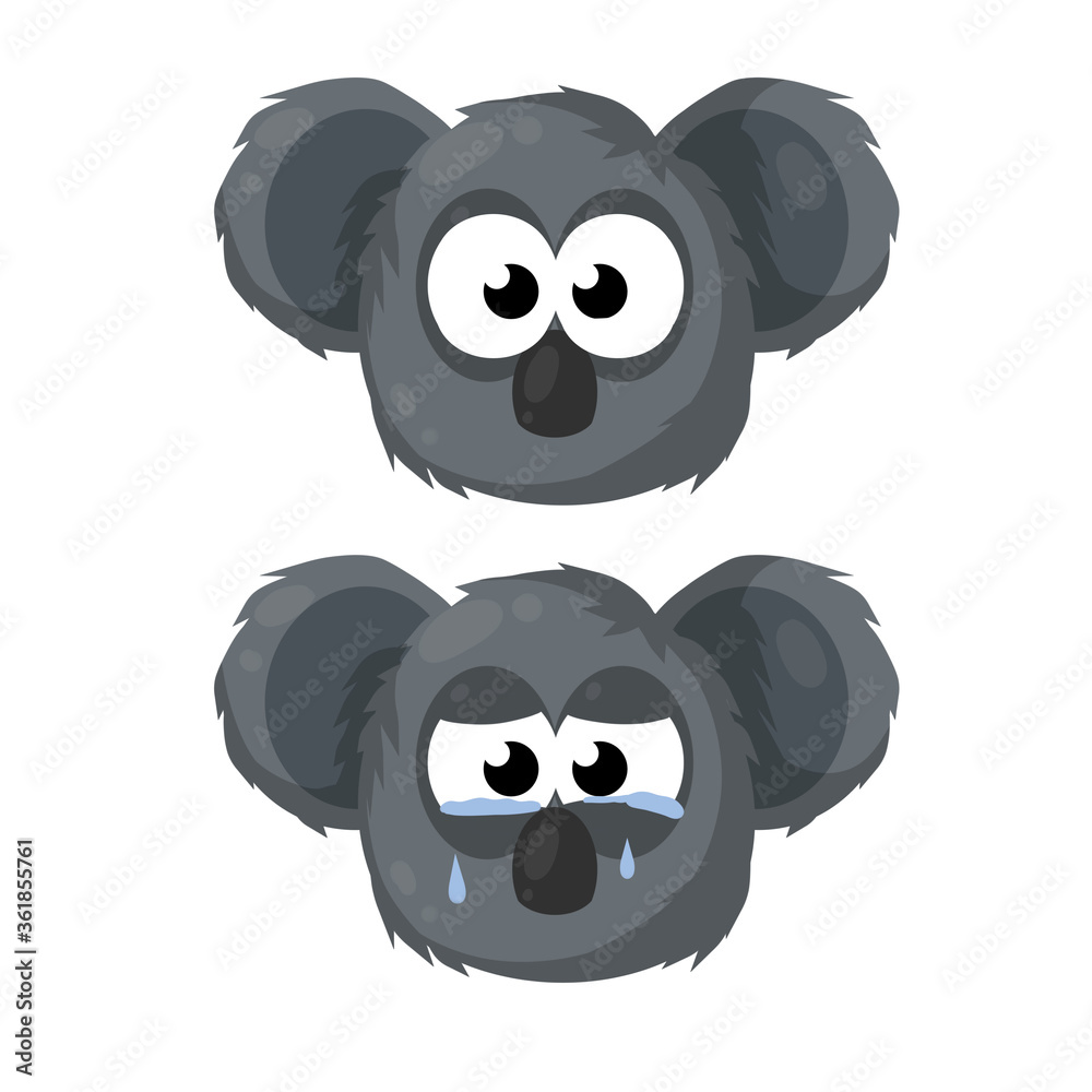 Koala is crying. Extinction of Australian animal. Set of gray cute bear Heads. face of a funny and sad character. Protecting the beast from disaster and tears.