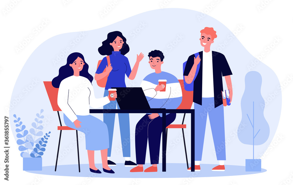 Happy students drinking takeaway coffee. Group of young people using laptop together flat vector illustration. Friendship, communication concept for banner, website design or landing web page
