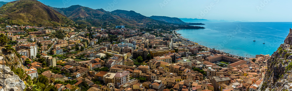 A view over the town of Cefalu, Sicily from the mesa behind the town in summer