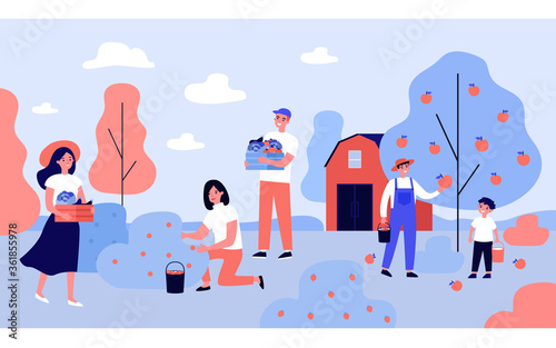Fototapeta Naklejka Na Ścianę i Meble -  Farmers gathering harvest on plantation in autumn season. Happy people picking apples at trees, carrying crate with vegs. Vector illustration for gardening, farming, agriculture concept