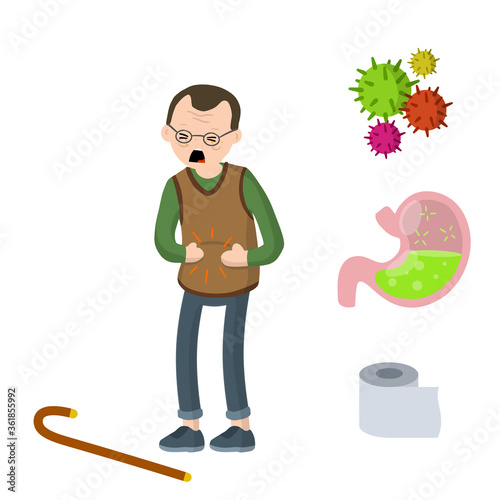 Medical assistance in case of poisoning. Set of indigestion Icons. Toilet paper, virus, bacteria and microbe. Old man holding belly. Poor nutrition of senior. Health problem. Diarrhea, upset stomach.