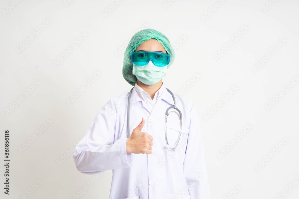 female doctor with stethoscope thumb up on white female doctor with stethoscope thumb up on white