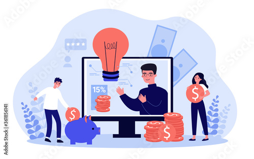 People saving cash. Entrepreneurs finding investor for startup. Sponsor investing money to project. Vector illustration for crowdfunding, cooperation, donation, business, investment concept
