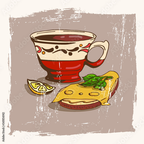 tea or coffee with a sandwich. Retro picture with grunge effecto. sketch, doodle, vector illustration photo