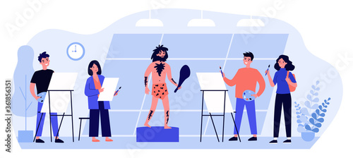 Art school students drawing model. Artist, primitive man, painting class flat vector illustration. Painting, hobby, workshop concept for banner, website design or landing web page