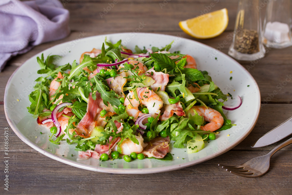 Shrimp bacon and green peas salad. Healthy food