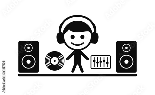 Silhouettes of DJ with loudspeakers and vinyl record