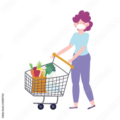 online market, woman with medical mask shopping cart supermarket, food delivery in grocery store