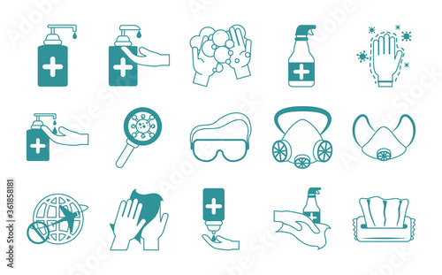 covid 19 coronavirus, prevention outbreak disease pandemic virus icons set line design icon