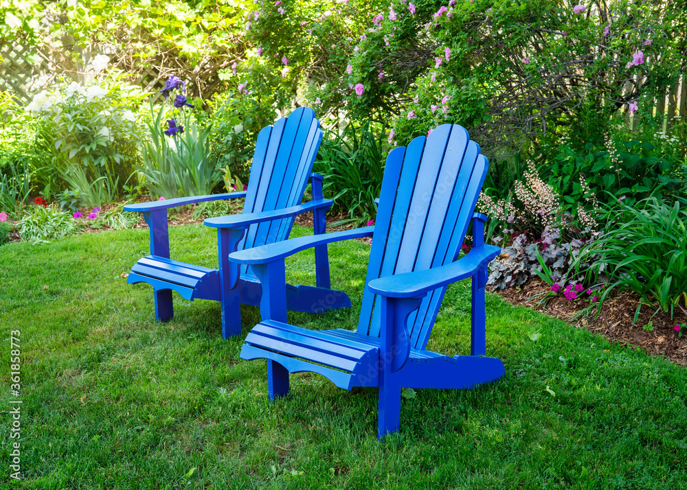Two Adirondack lawn chairs in a back yard garden. Two Adirondack lawn chairs in a back yard garden.