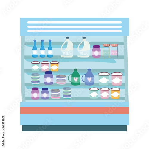 supermarket shelves with dairy products, isolated icon design white background