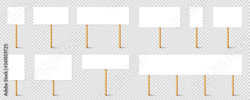 Blank protest sign with wooden holder. Realistic vector demonstration banner. Strike action cardboard placard mockup.