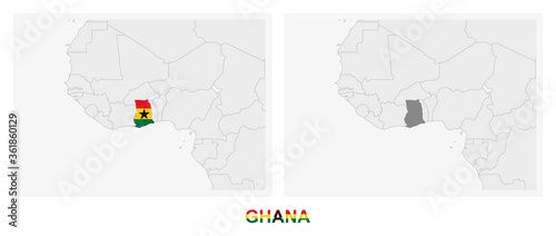 Two versions of the map of Ghana, with the flag of Ghana and highlighted in dark grey.