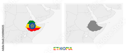 Two versions of the map of Ethiopia, with the flag of Ethiopia and highlighted in dark grey.