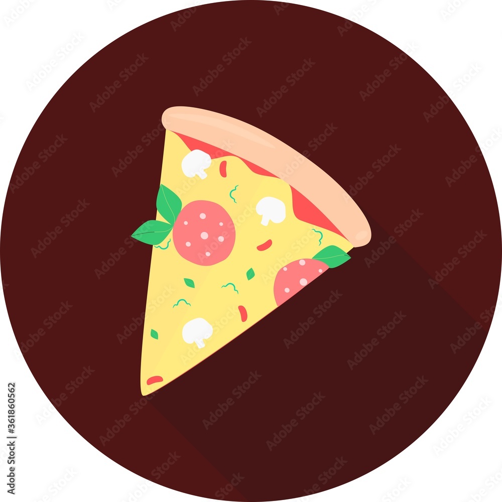 Pizza slice in circle icon with long shadow. Slice of cheesy pepper pizza with mushrooms and sausage icon. Italian pizza vector illustration. Pizza slice in circle icon with long shadow. Slice of cheesy pepper pizza with mushrooms and sausage icon. Italian pizza vector illustration.