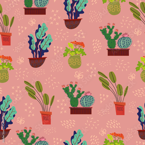 Seamless pattern with plants in pots on pink background. Vector isolated illustration. Cute seamless background. Floral seamless vector pattern. Home decoration. Vector illustration