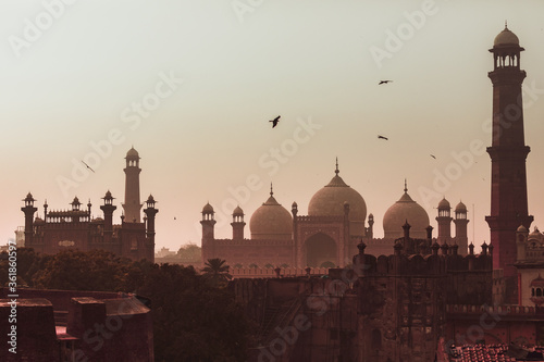 Sunset view Badshahi mosque Lahore city