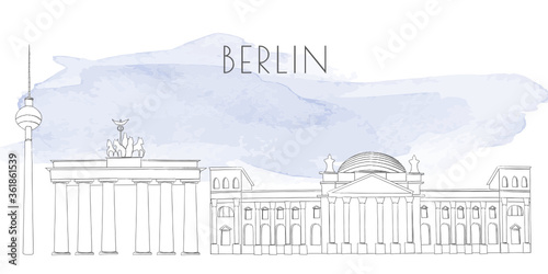 Vector illustration with Berlin landmarks. Graphite contour, blue watercolour background