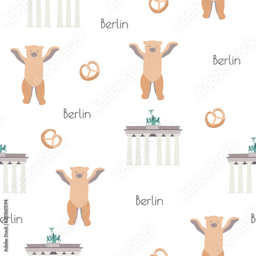 Vector seamless pattern with Berlin symbols. Bear, Brandenburg gate and pretzel