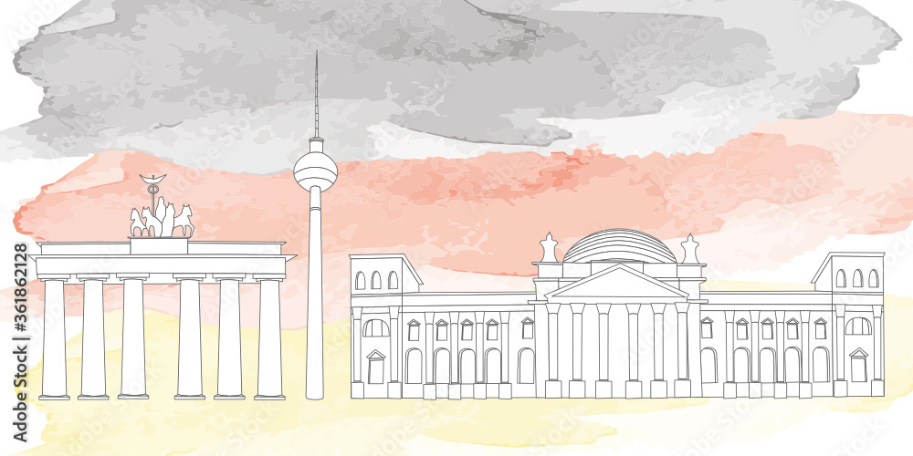 Vector illustration with Berlin architecture and watercolour flag of Germany as a background