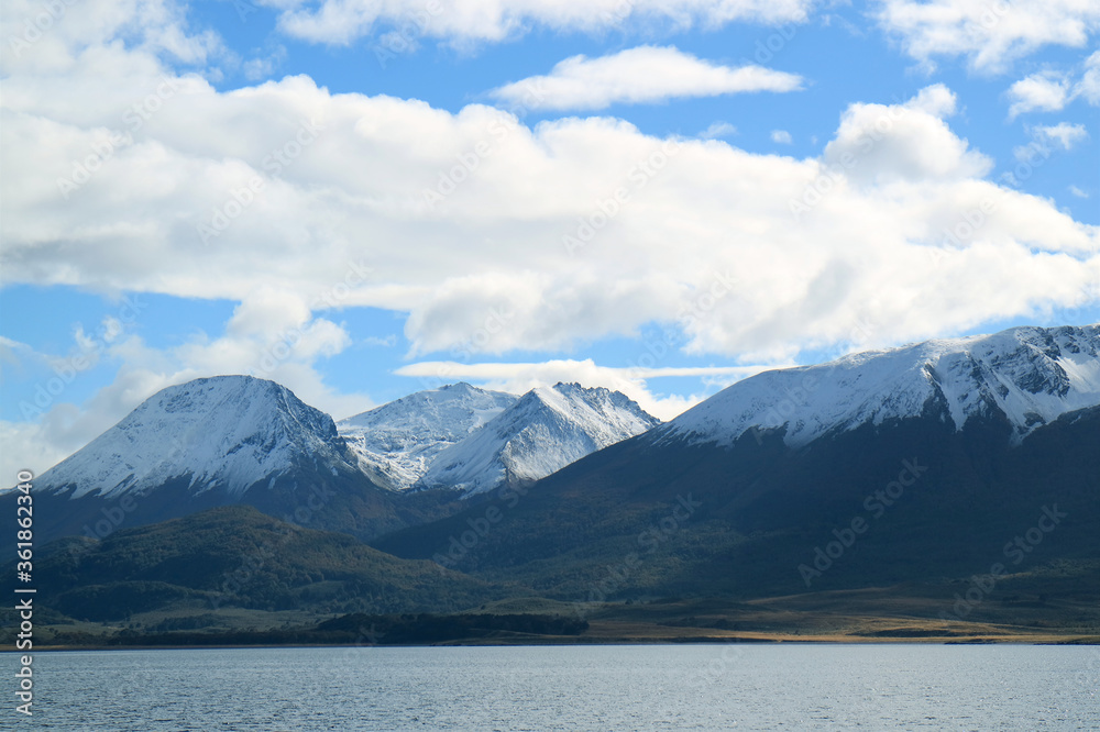 Fantastic View of Snow Covered Mountains along the Beagle Channel, Ushuaia, Tierra del Fuego, Patagonia, Argentina