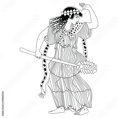 Ancient Greek maenad woman with thyrsus. Bacchante. Vase painting style. Black and white linear silhouette. Isolated vector illustration.