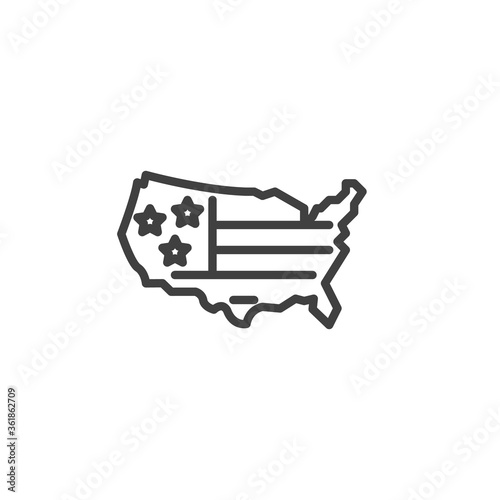 American flag map line icon. linear style sign for mobile concept and web design. Map of United States with flag outline vector icon. Symbol, logo illustration. Vector graphics