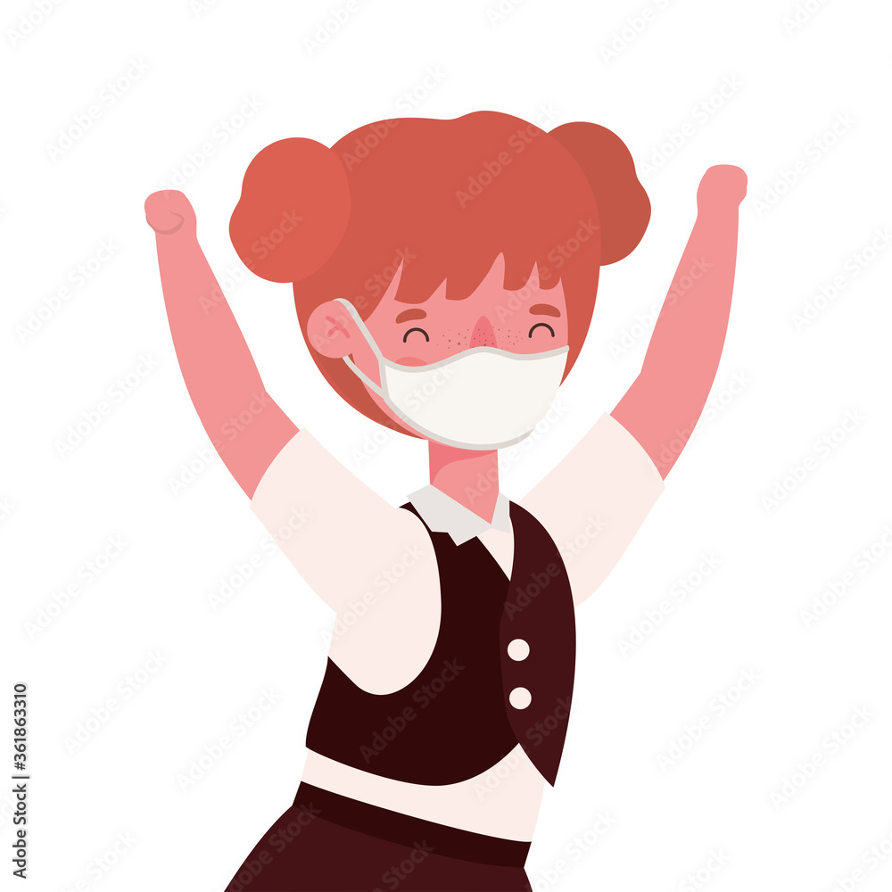 Girl kid with medical mask and uniform design, Back to school theme Vector illustration Girl kid with medical mask and uniform design, Back to school theme Vector illustration