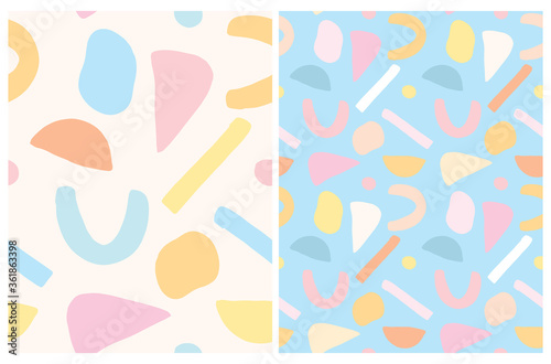 Simple Abstract Geometric Seamless Vector Patterns. Light Pink, Pastel Blue, Pale Yellow Irregular Dots, Stripes, Triangles, Semicirles Isolated on a White and Blue Backgrounds. Infantile Style Print.