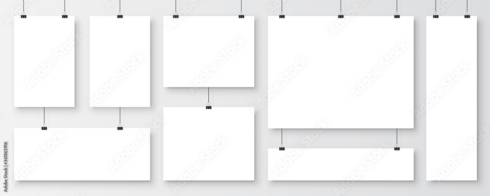 Realistic blank paper sheets hanging on binder clip. White vector poster with shadow in A4 format. Design template, mockup. - obrazy, fototapety, plakaty 