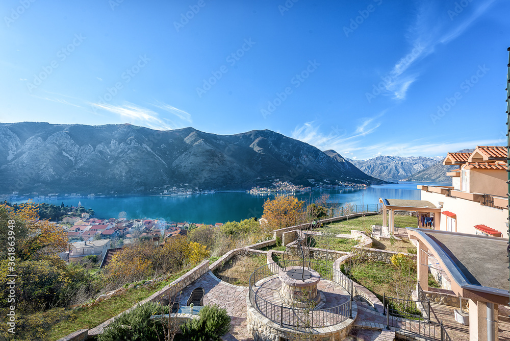 Beautiful autumn view of the Bay of Kotor and mountains