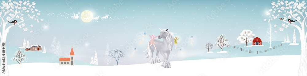 Winter landscape farm field in village,Fantasy cute cartoon of fairies flying and playing with white unicorn, Christmas night,Vector illustration banner for Merry Christmas and New year background