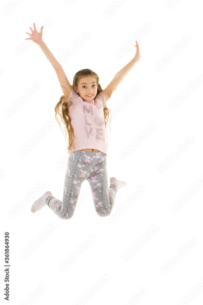 The little girl is jumping fun.The concept of a good mood, summer vacation.