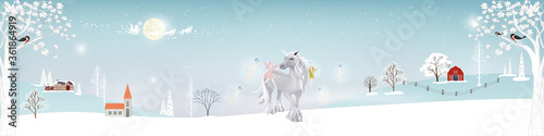 Winter landscape farm field in village Fantasy cute cartoon of fairies flying and playing with white unicorn  Christmas night Vector illustration banner for Merry Christmas and New year background