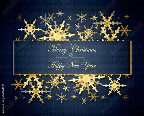 Text Merry Christmas and Happy New Year. Illustration on dark blue dramatic background. Luxury Christmas and 2021 New year background with shining golden snowflakes.