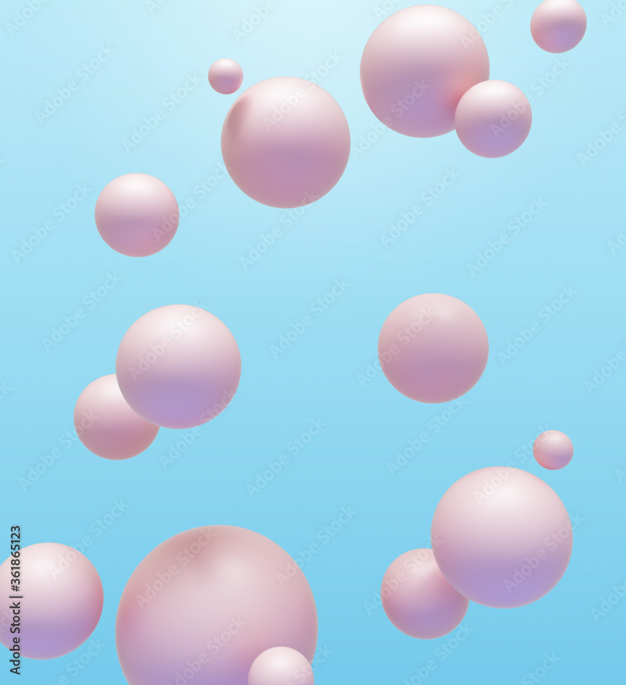 Abstract background of mat pink spheres floating around in the air over blue backdrop. 3D render