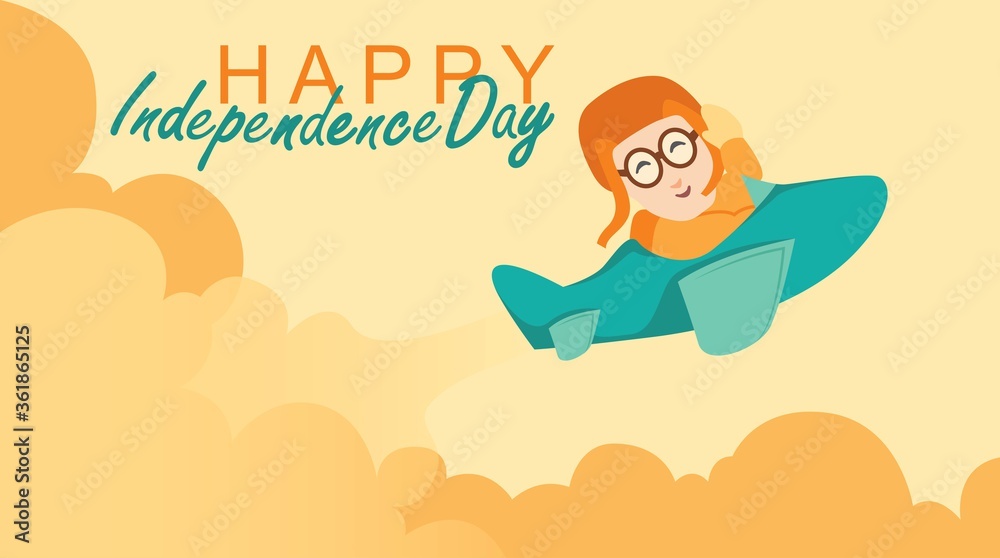 Independence day greeting template with cute cartoon illustrations of people boarding planes.