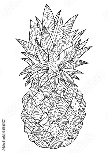 Doodle coloring book page pineapple. Antistress for adult. Zentangle black and white illustration