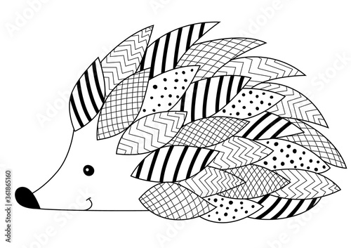 Hedgehog doodle coloring book page. Antistress for adult, zentangle style. photo