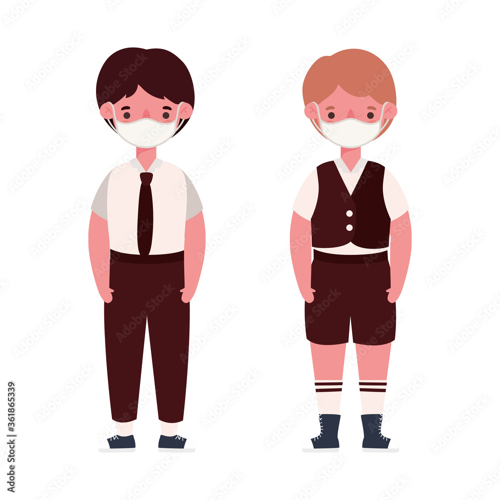 Boys kids with uniforms medical masks design, Back to school and social distancing theme Vector illustration Boys kids with uniforms medical masks design, Back to school and social distancing theme Vector illustration
