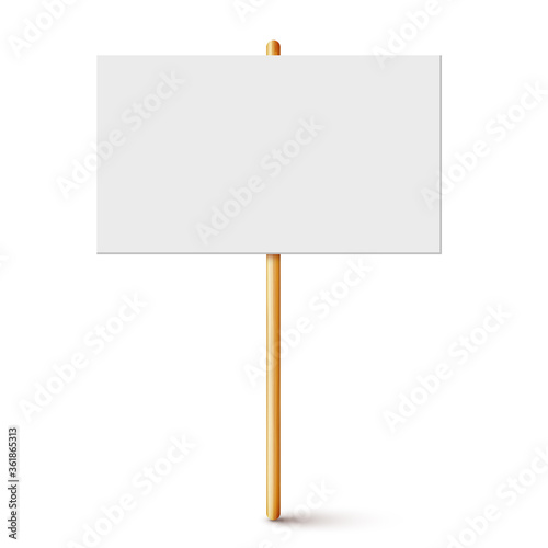 Blank protest sign with wooden holder. Realistic vector demonstration banner. Strike action cardboard placard mockup.