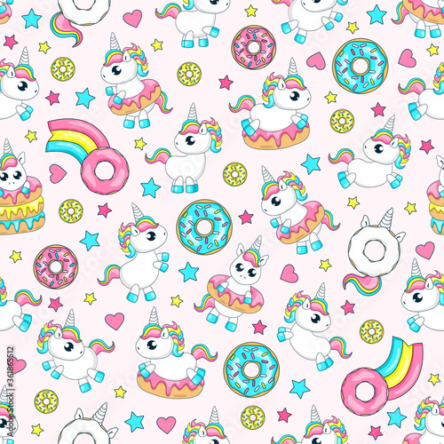 Fairytale seamless pattern. Cute baby unicorns. Donut unicorn with white glaze and rainbow tail, pink, blue mint and yellow lemon donuts, donut comet with rainbow.Vector illustration