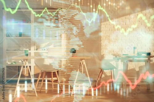 Double exposure of financial graph drawing and office interior background. Concept of stock market. © peshkova