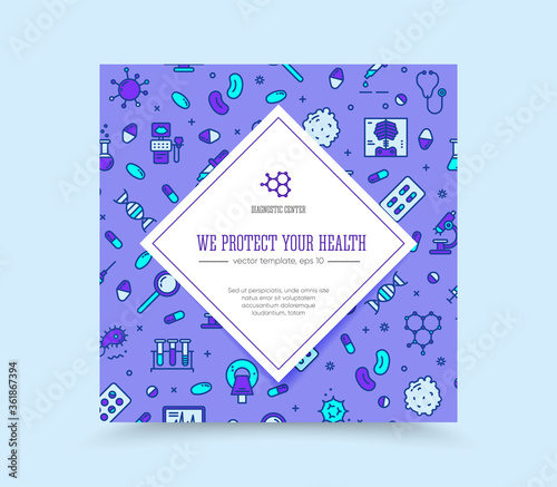 Vector template for clinic, laboratory, medicine. Medical equipment, tools, seamless pattern. Science, microbiology, virology study, immune system, genetics analysis. Card, label, visit card, banner.