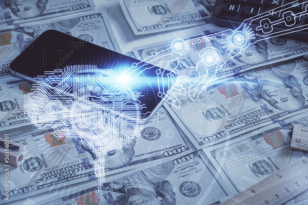 Double exposure of brain drawing over us dollars bill background. Technology concept. Double exposure of brain drawing over us dollars bill background. Technology concept.