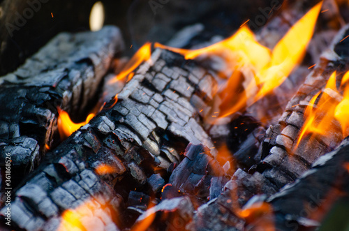 Burning firewood in the fireplace