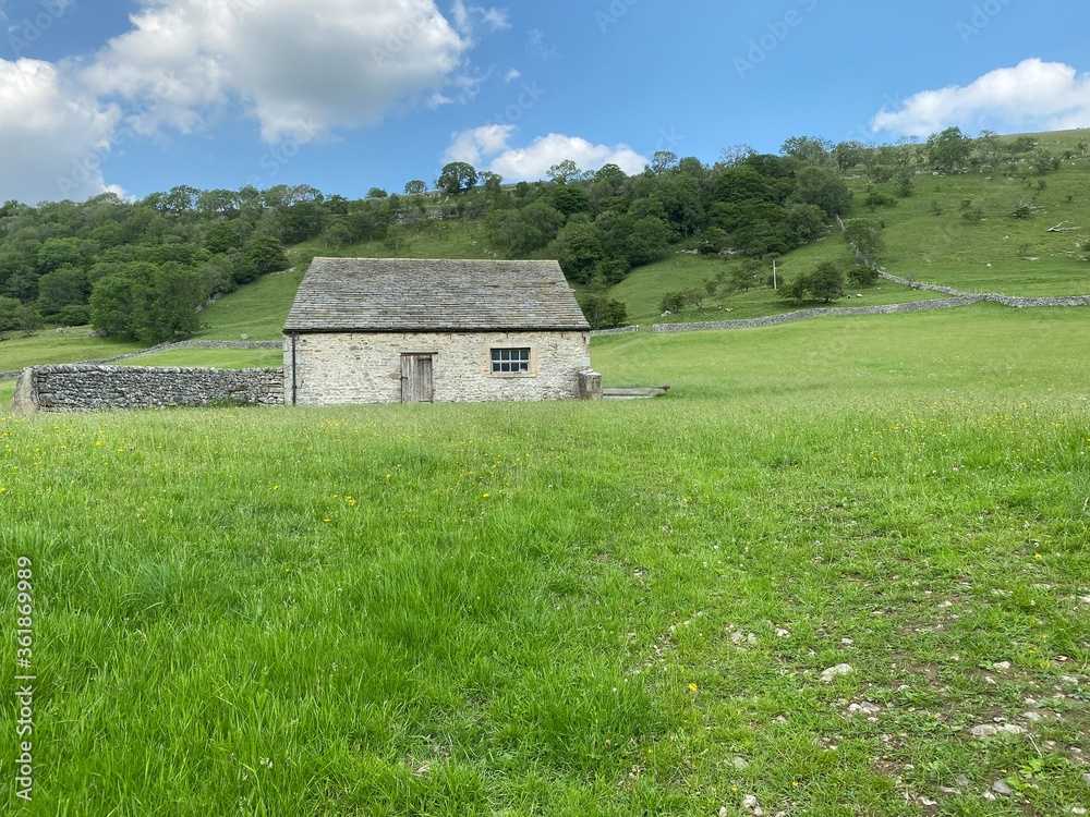 Empty farm building, in a grassy field, with trees in the background in, Buckden, Skipton, UK Empty farm building, in a grassy field, with trees in the background in, Buckden, Skipton, UK