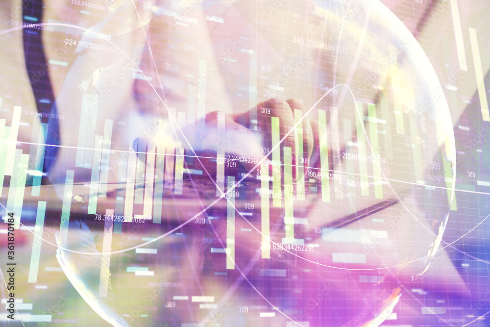 Multi exposure of woman hands typing on computer and business theme hologram drawing. Success concept. Multi exposure of woman hands typing on computer and business theme hologram drawing. Success concept.