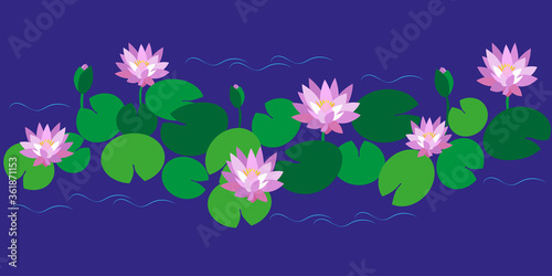 Horizontal pattern with flowers, buds and pink lotus leaves on blue background. Vector illustration for design of botanical collection, textiles, postcards, dishes, stationery.