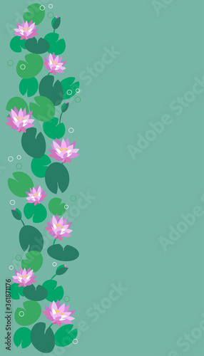 Tropical pond with exotic flowers, pink lotuses, leaves. Vertical background for travel business. Vector illustration in flat style for design of social networks, travel agency, floral natural pattern